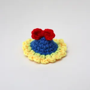 Handmade crochet miniature wool ornament, cute blue yellow red design, pet or doll accessory.