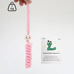Handmade crochet worry worm keychain cute pink plush charm with wooden bead and card.