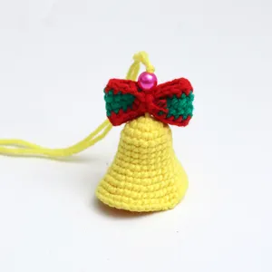 Handmade crochet bell pendant with red green bow and pink bead for cute home decor and accessories
