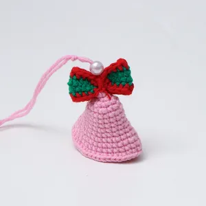 Handmade crochet knit bell pendant with bow and pearl, cute hanging ornament for bags.