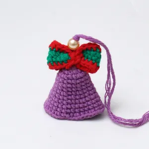 Handmade crochet bell wind chime hanging ornament with cute bow and pearl accent knit decor