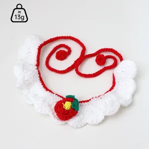 Handcrafted crochet pet bib with cute red flower and white lace lace collar detail close up.