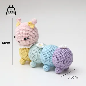 Handmade crochet caterpillar plush toy detail shot, cute animal hanging ornament design.