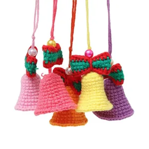 Handmade crochet bell hanging ornaments, colorful wool wind chimes for cute home decor.