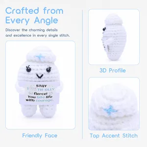 Handmade crochet tooth nurse doll with cute eyelashes and inspiring card detail view showcase.
