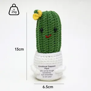 Handmade crochet cactus doll with emotional support card, cute knitted plush toy for desk decor.