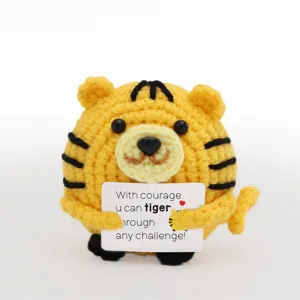 Handgefertigte Häkel-Tiger Plüschtier, süße gestrickte Tierpuppe mit Motivationskarte Geschenk.