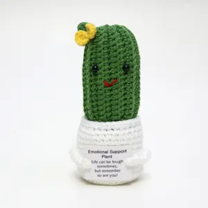 Handmade crochet cactus doll with emotional support sign cute desktop decor gift toy