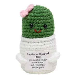 Handcrafted crochet cactus plush doll with emotional support card, cute desktop decoration gift.