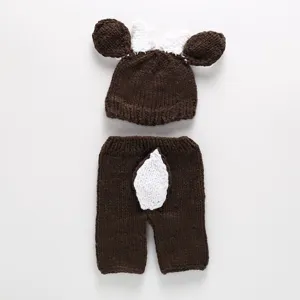 Newborn baby crochet deer hat and shorts photography prop set handmade cute brown outfit.