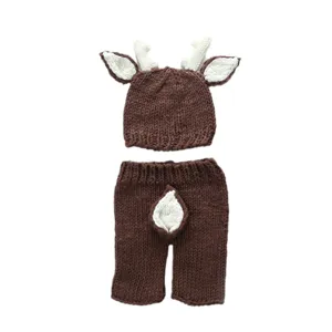 Newborn handmade knit deer photography props set, cute brown baby hat and pants costume.