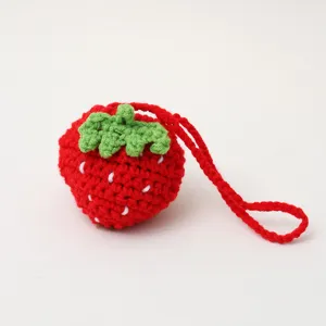 Handmade crochet strawberry coin purse, cute knitted fruit bag detail view, kids accessory.