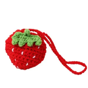 Handmade crochet strawberry coin purse cute knitted kids small bag with hanging strap.