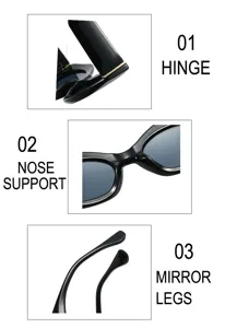 Detailansicht der schwarzen Sonnenbrille mit Scharnier, Nasenauflage und Bügelverarbeitung.