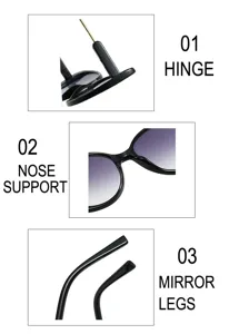 Detailansicht modischer Cat-Eye-Sonnenbrille mit Fokus auf Scharnier, Nasensteg und Bügeln.
