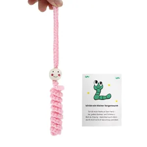 Handmade crochet worry worm hanging ornament, cute pink car and office decoration item.