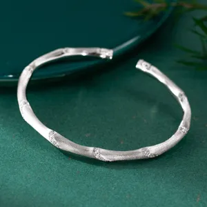 Minimalist 925 Sterling Silver Bamboo Joint Open Bangle Bracelet Brushed Rhinestone Cuff Bracelet For Women Gift