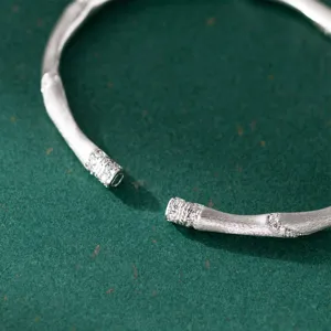 S925 Sterling Silver Brushed Bamboo Bangle Diamond Inlaid Minimalist Jewelry Close Up