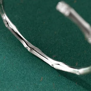 S925 Sterling Silver Bamboo Open Bracelet with Diamond Detail Brushed Finish Detail