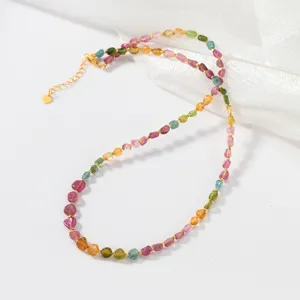 925 Sterling Silver Colorful Tourmaline Chip Necklace Irregular Natural Stone Beaded Choker Chain For Women Jewelry Gift