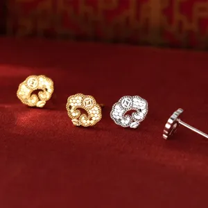 Boucles d'Oreilles Clous Ruyi en Argent 925 Style Chinois Pièce de Monnaie Chanceuse Strass Bijoux Pour Femmes