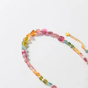 S925 silver colorful tourmaline gemstone beaded necklace detail view showing stones.