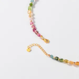 Close-up detail of colorful tourmaline gemstone beaded necklace clasp and S925 silver extension chain.
