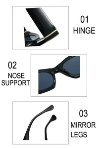 Detailansicht der schwarzen Sonnenbrille mit Scharnier, Nasenstütze und Bügelkonstruktion.