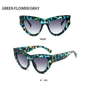 Grüne Blumen Cat-Eye-Sonnenbrille mit grauen Gläsern für Outdoor Mode Detailansicht.