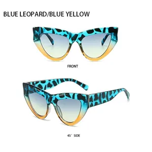 Modische blaue Leo-Cat-Eye-Sonnenbrille Detailansicht mit Gläsern mit Farbverlauf im Style.
