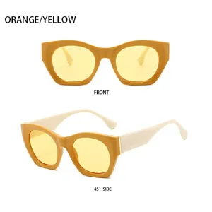 Modische Retro-Cat-Eye-Sonnenbrille mit dickem Rahmen, orange-gelb und beige für den Alltag.