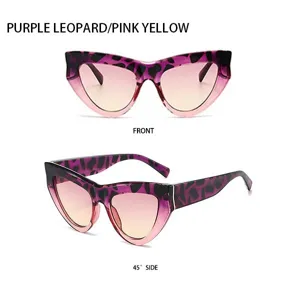 Detailansicht modischer Cat-Eye-Sonnenbrille mit violettem Leopardenmuster und Farbverlauf.