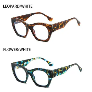 Retro Katzenauge Brille Detailansicht, dicker Rahmen mit Leoparden- und Blumenmuster, Mode.