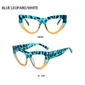Elegante blaue Leo-Muster Katzenaugen Brille Detailansicht, trendige Oversize-Sonnenbrille.