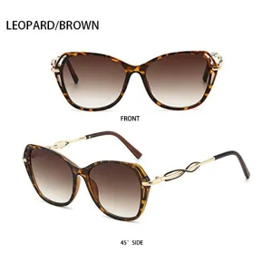 Detailansicht modischer Sonnenbrille mit Leo-Muster, Hohlmetall-Bügeln und Farbverlaufsgläsern.