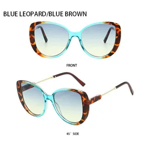 Detailansicht der stylischen Katzenauge Sonnenbrille mit blauem Leo-Rahmen und Verlaufsgläsern.
