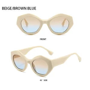 Detailansicht der modischen polygonen Sonnenbrille mit beigem Gestell und Verlaufsgläsern.