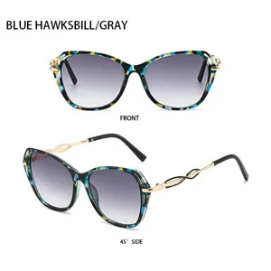 Modische Damen Sonnenbrille mit grossem blauem Schildpatt-Rahmen und grauen Verlaufslinsen.