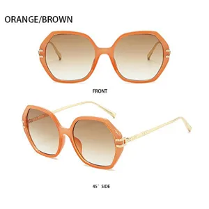 Detailansicht modischer Metall-Sonnenbrille mit großem Rahmen, Farbverlauf und Orangetönen.