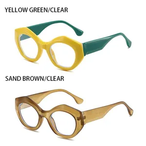 Modische polygonale Klarsichtbrille in leuchtendem Gelb-Grün und Sandbraun Detail.