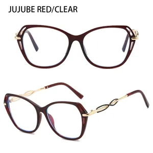Detailansicht der modischen Großrahmenbrille mit eleganten hohlen Metallbügeln in Rot-Transparent.
