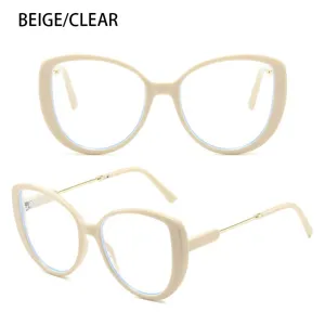 Modische Katzenaugen-Brille mit beigem Gestell und schlanken Metallbügeln für Damen.