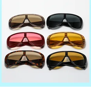 Detailed close-up showing six stylish oversized shield sunglasses in various fashionable frame colors.