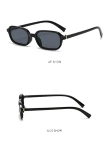 Detailansicht schmale schwarzer Rahmen quadratische Sonnenbrille im Seiten und 45 Grad Winkel.