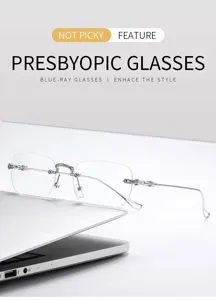 Randlose blaulichtfilternde Brille mit silbernen Metallbügeln für den täglichen Gebrauch.