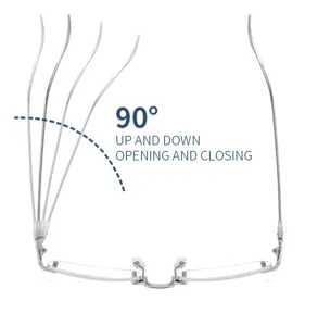 Nahaufnahme einer rahmenlosen Brille mit einem neunzig Grad Scharnier-Oeffnungsmechanismus.