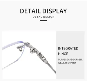 Randlose Brille Detailansicht, Metallrahmen Scharnier Nahaufnahme, langlebiger minimalistischer Stil.