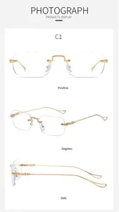 Detailansicht der rahmenlosen Blaulichtfilter Brille mit Metallrahmen und Seitenansichten.