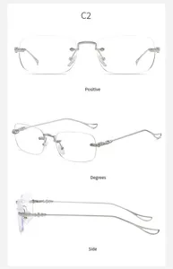 Blickwinkel auf randlose Metall-Blaulichtfilter-Brille mit elegantem Kreuz-Bügel-Design Detail.