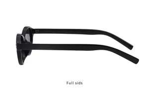 Seitenansicht der schwarzen Sonnenbrille, ovale kleine Katzenauge-Fassung, luxuriöser Stil.